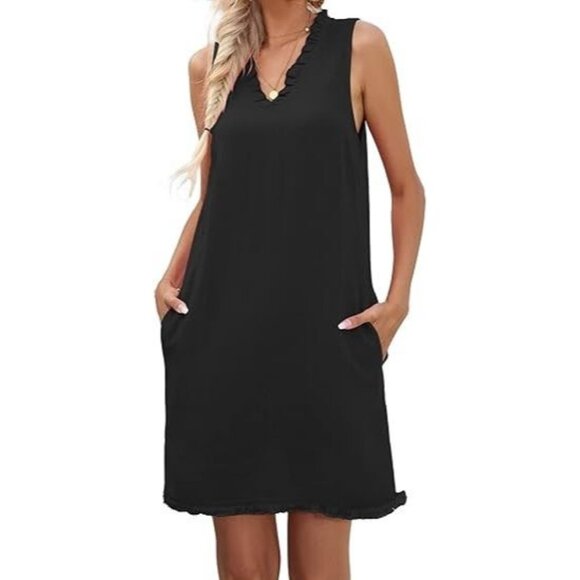 Tommy Bahama Black !00% Linen Deep V-Neck Ruffled Vacation Cottage Dress Size M - Picture 1 of 6